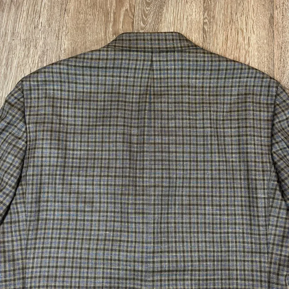 Hickey Freeman 46R Gingham Check Linen Wool Blend Blazer Sport Coat Brown Blue